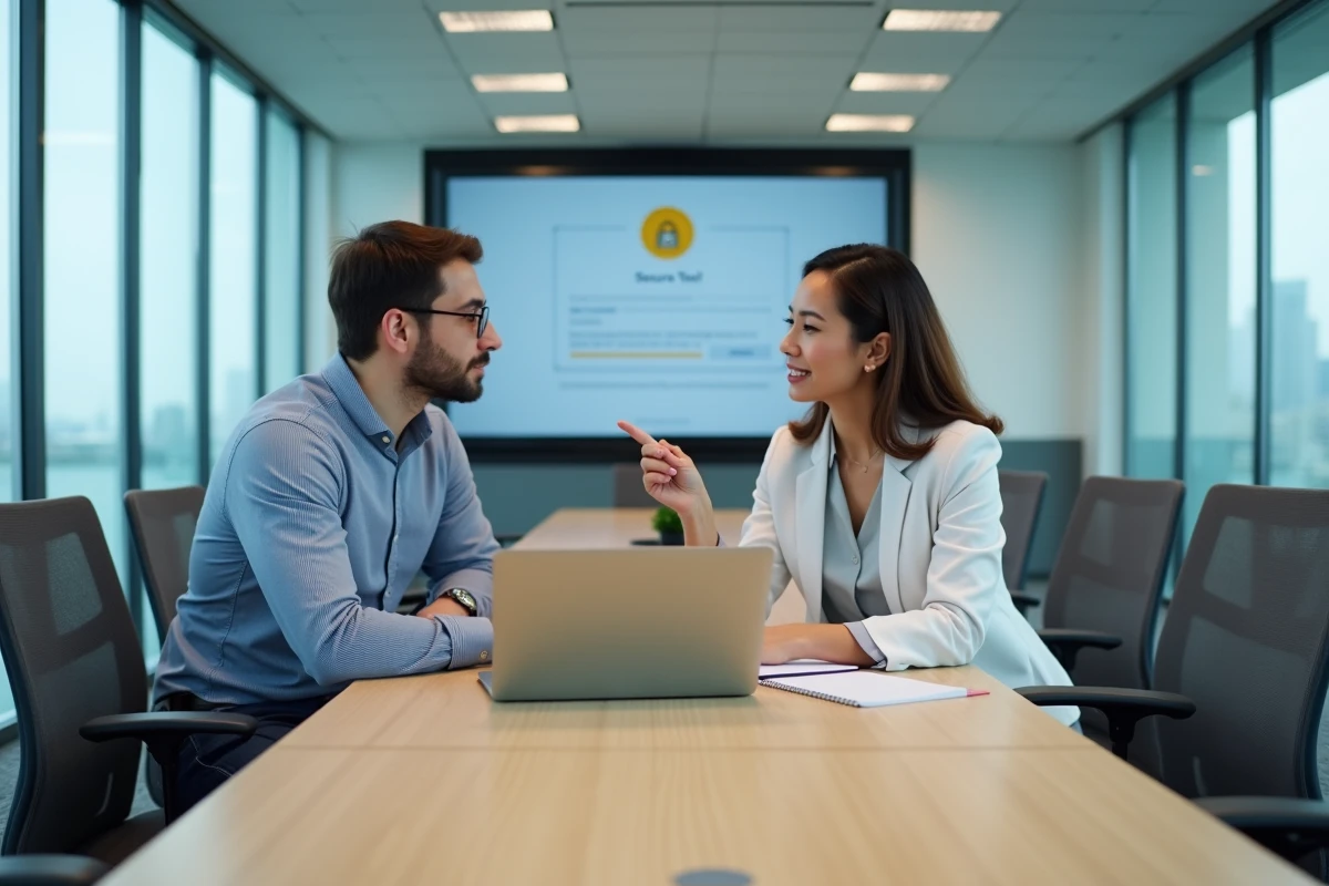 Deux professionnels collaborant sur une page de connexion sécurisée en salle de réunion vitrée