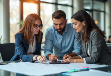 Trois personnes collaborent autour d'un plan dans un bureau lumineux