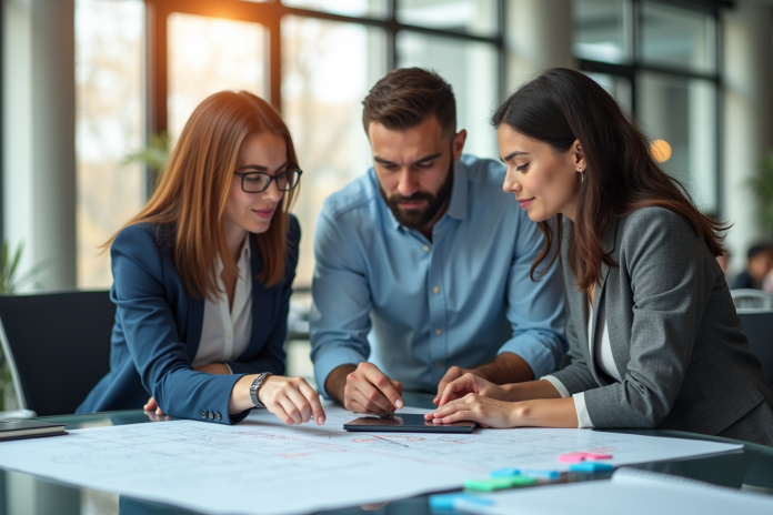 Trois personnes collaborent autour d'un plan dans un bureau lumineux