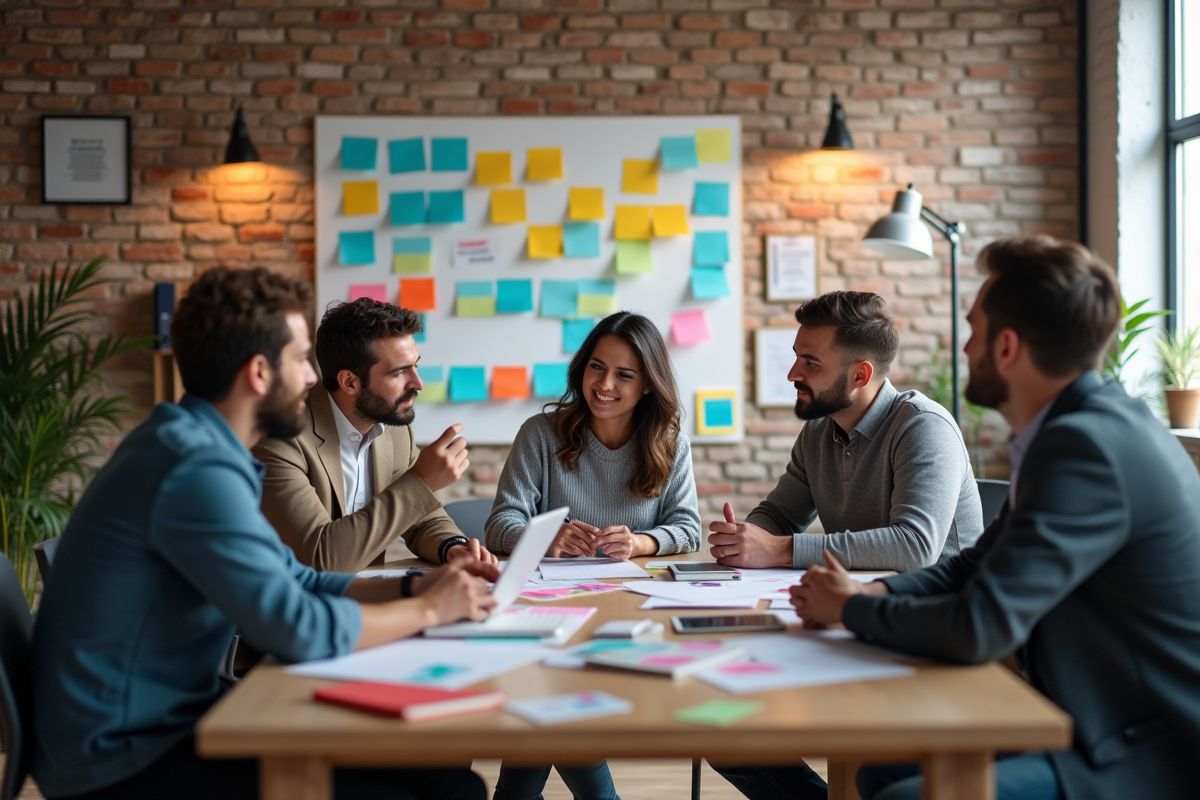 Groupe diversifié collaborant sur un projet créatif en espace de coworking
