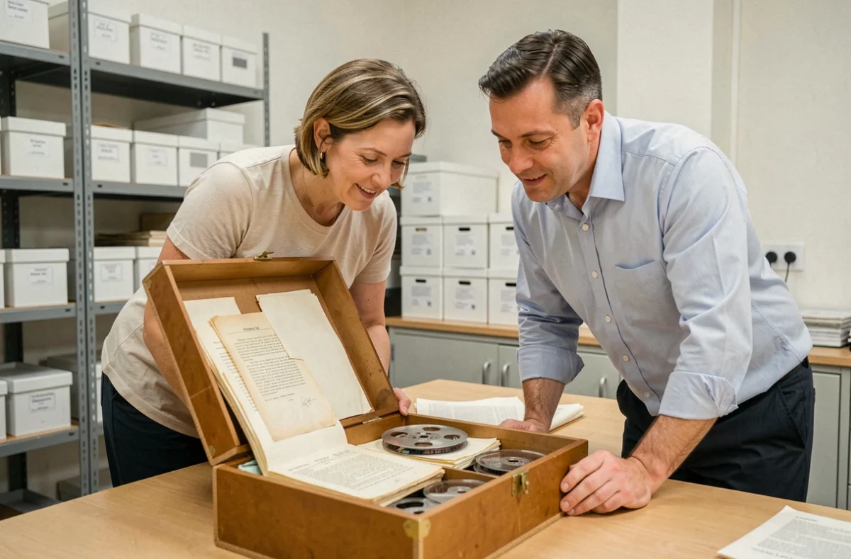 Deux universitaires collaborant sur des archives physiques dans une salle de consultation d'archives officielles