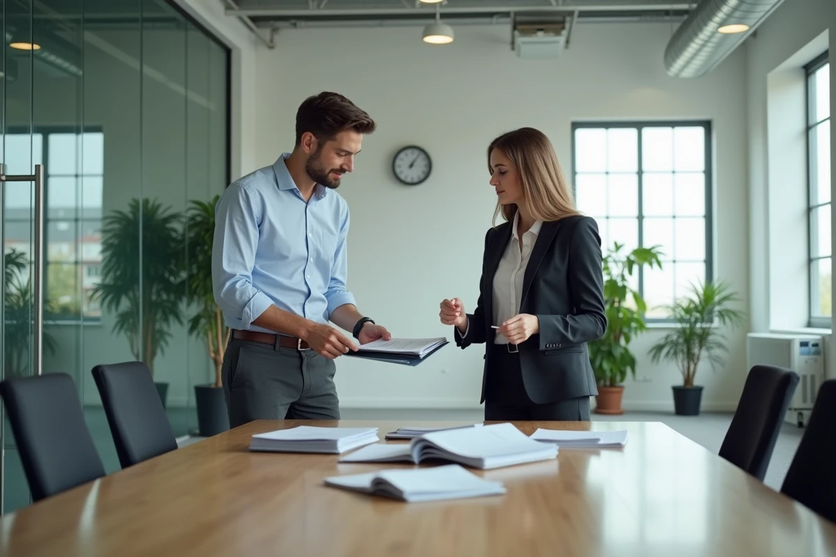 Deux collègues discutant de brochures juridiques dans un bureau