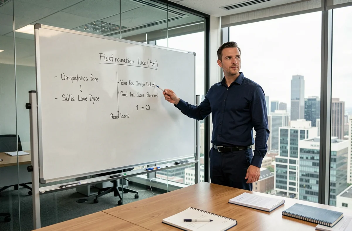 Homme d'affaires présentant une comparaison de logiciels sur tableau blanc lors d'une réunion d'équipe