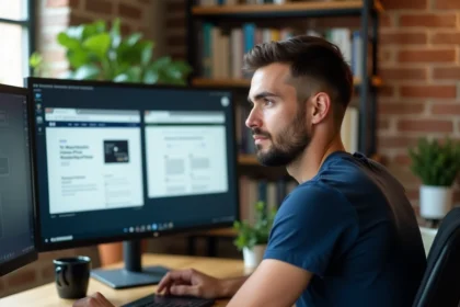 Un homme comparant des interfaces de création de sites web sur un ordinateur de bureau dans un bureau à domicile