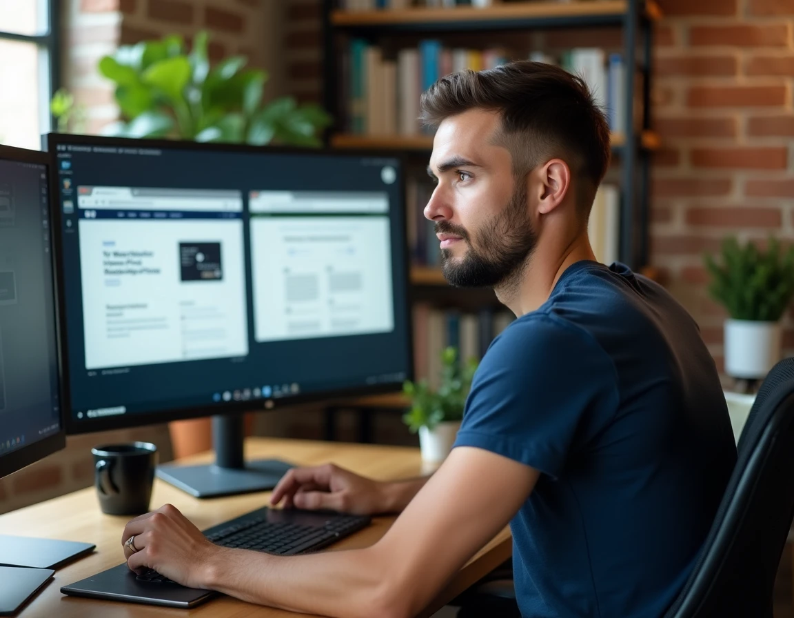 Un homme comparant des interfaces de création de sites web sur un ordinateur de bureau dans un bureau à domicile