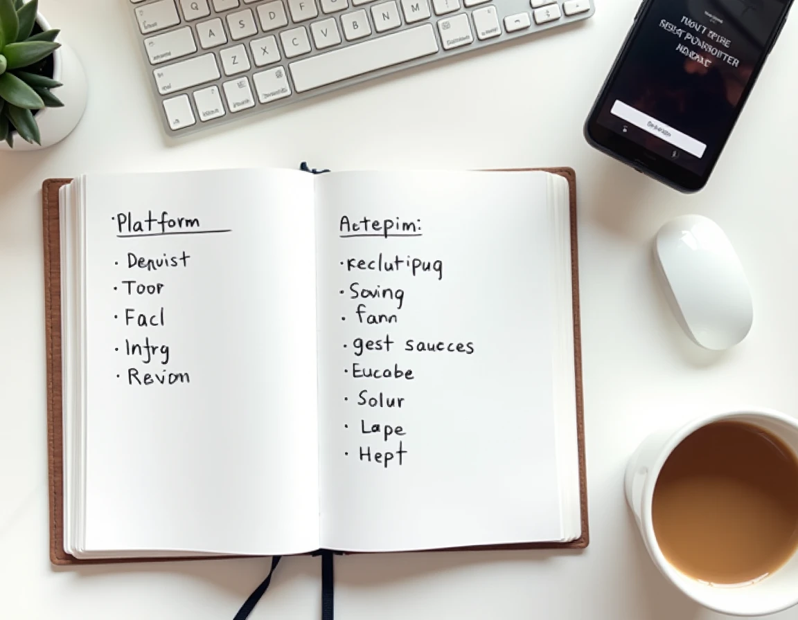 Vue aérienne d'un bureau avec des notes manuscrites comparant des plateformes de création de sites et d'entonnoirs de vente