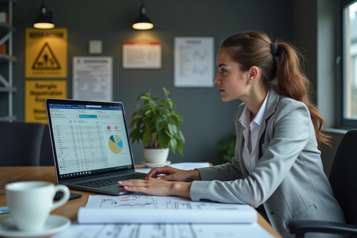 Conductrice de travaux gérant la rentabilité d'un chantier BTP sur logiciel de gestion avec tableaux de bord financiers