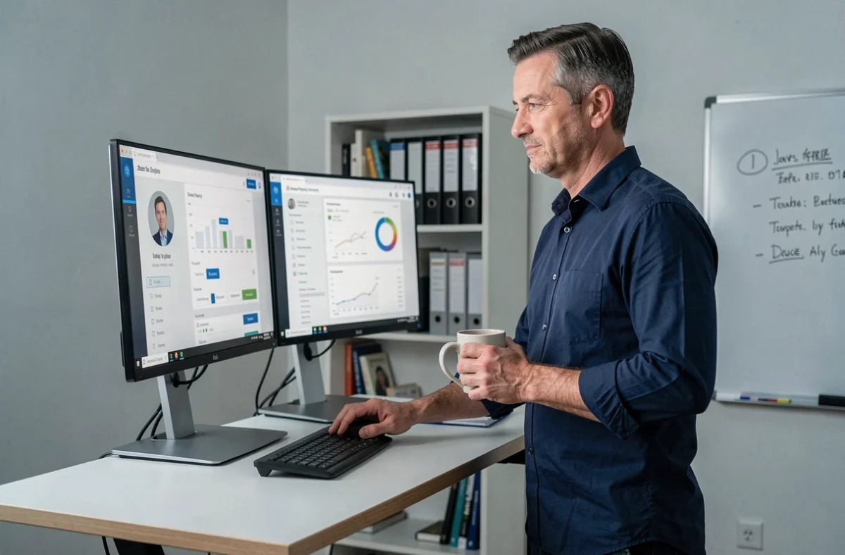 Homme configurant son profil utilisateur sur CegidLife avec un double écran dans un bureau d'entreprise