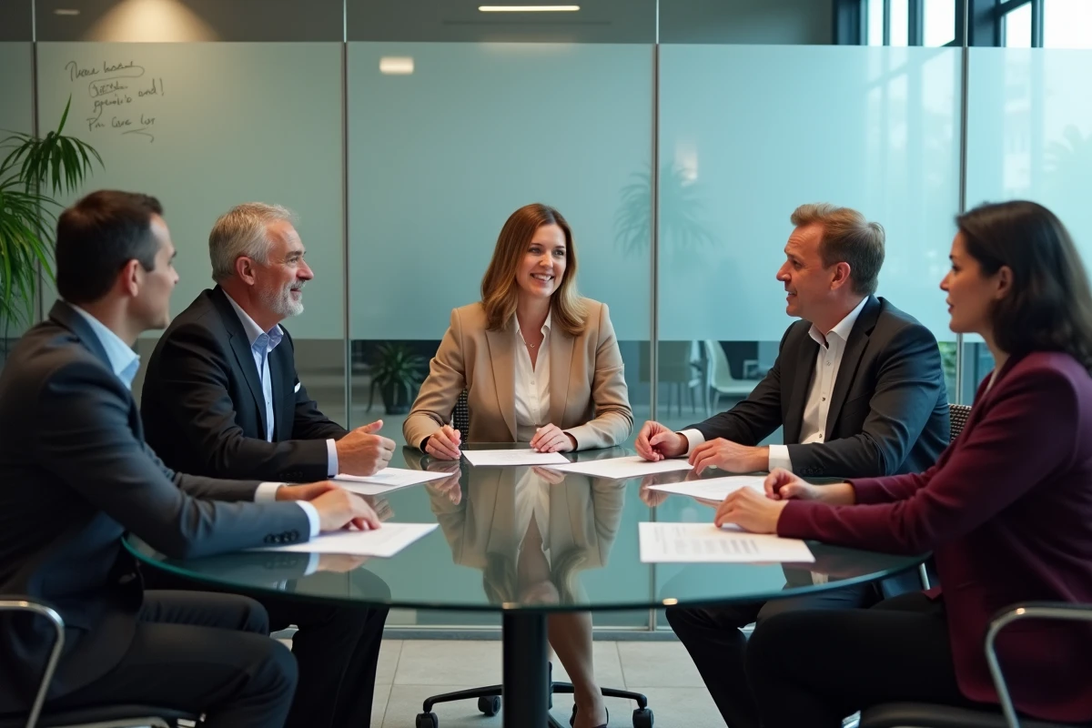 Membres d'un conseil d'administration réunis en réunion stratégique autour d'une table ronde, illustrant la gouvernance collective d'une grande entreprise