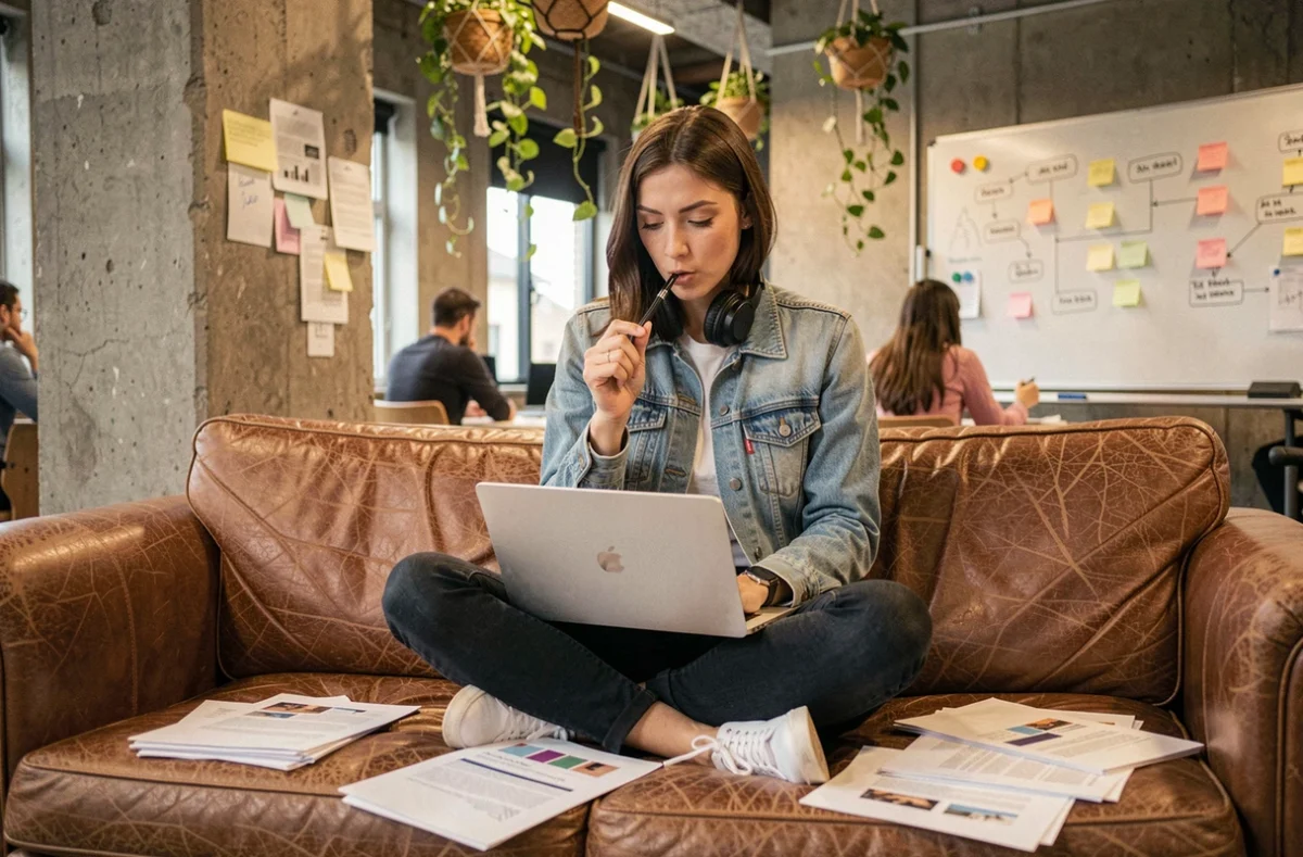 Consultante IT en mission bug four travaillant sur son ordinateur portable dans un espace de coworking animé, entourée de documents et sous pression