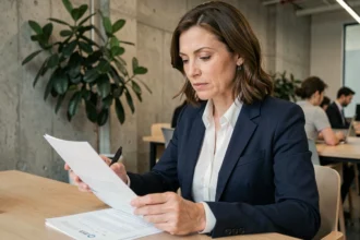 Consultante en portage salarial examinant un contrat CDD dans un espace de coworking moderne