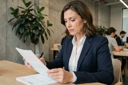 Consultante en portage salarial examinant un contrat CDD dans un espace de coworking moderne