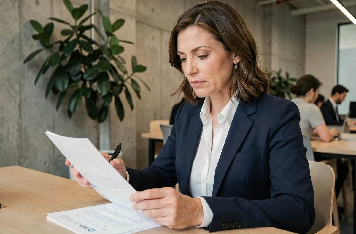 Consultante en portage salarial examinant un contrat CDD dans un espace de coworking moderne