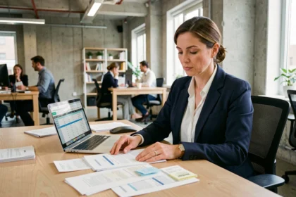 Consultante en portage salarial vérifiant ses notes de frais professionnels sur un bureau de coworking