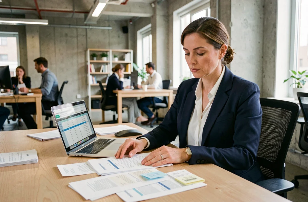 Consultante en portage salarial vérifiant ses notes de frais professionnels sur un bureau de coworking