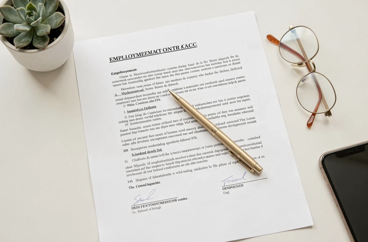 Contrat de travail avec stylo et lunettes sur bureau, vue de dessus pour illustrer la rédaction juridique