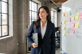 Créatrice d'entreprise souriante devant un espace de coworking moderne avec tableau blanc rempli de notes de startup
