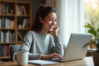 Jeune femme débutante en informatique explorant un site web sur son ordinateur portable dans un bureau à domicile