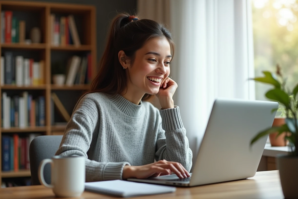 Jeune femme débutante en informatique explorant un site web sur son ordinateur portable dans un bureau à domicile