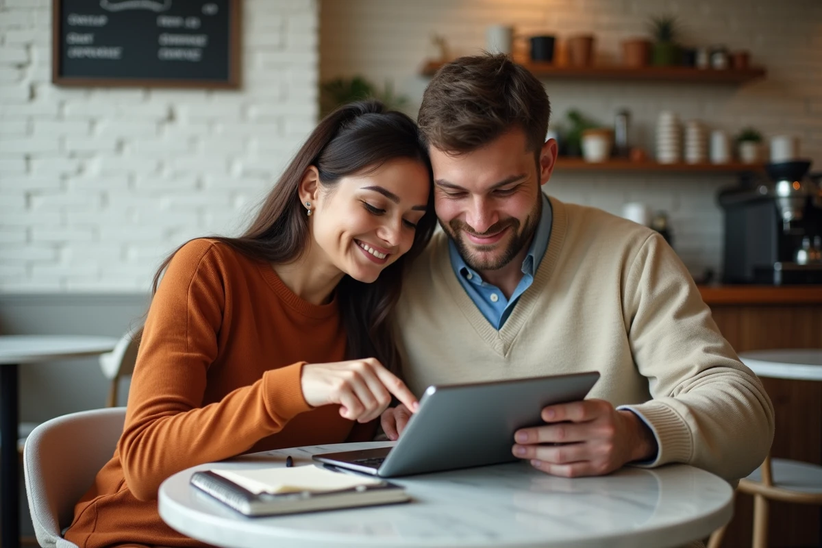 Deux adultes débutants en web consultant un site internet sur une tablette dans un café