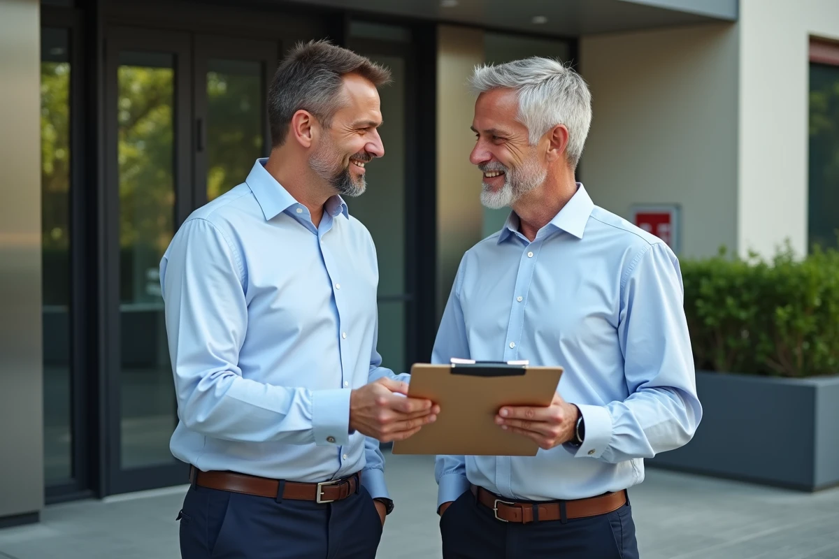 Deux hommes discutant devant un bâtiment moderne