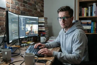 Développeur freelance en bug four concentré devant ses écrans dans un bureau à domicile encombré, exprimant la fatigue et la pression du quotidien