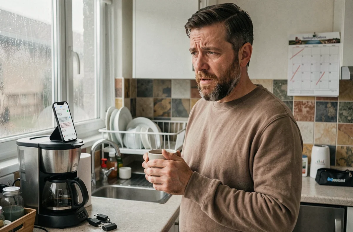 Développeur en bug four prenant une courte pause café dans sa cuisine, smartphone affichant des messages professionnels, expression de stress et de tension quotidienne
