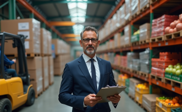 Homme d'affaires en costume bleu dans un entrepôt de Rungis