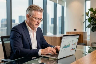 Dirigeant d'entreprise consultant un guide digital sur son ordinateur portable dans un bureau moderne