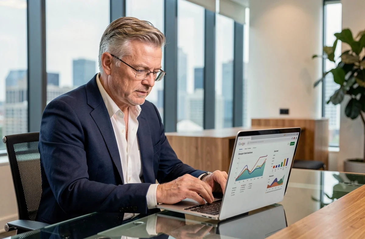 Dirigeant d'entreprise consultant un guide digital sur son ordinateur portable dans un bureau moderne