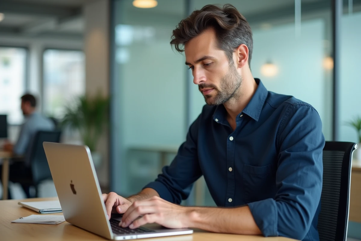 Chef d'entreprise TPE rédigeant un email de relance de paiement sur son ordinateur portable au bureau