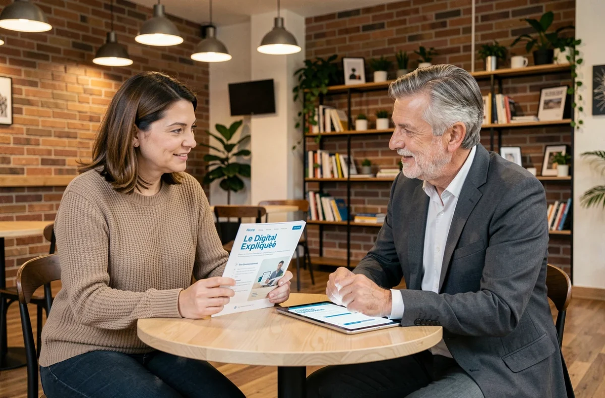 Deux dirigeants discutant d'un guide digital simplifié autour d'un café dans un espace de coworking