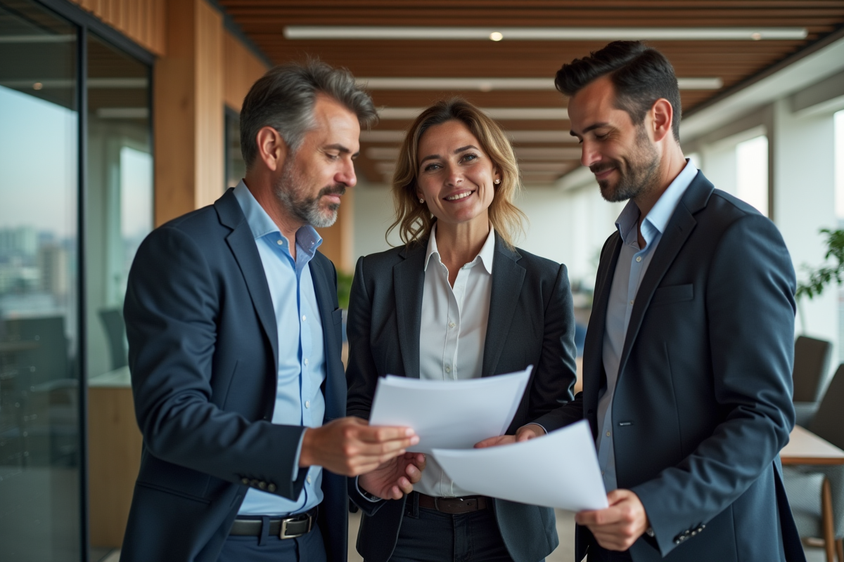 Groupe de trois collègues discutant dans un espace de coworking moderne