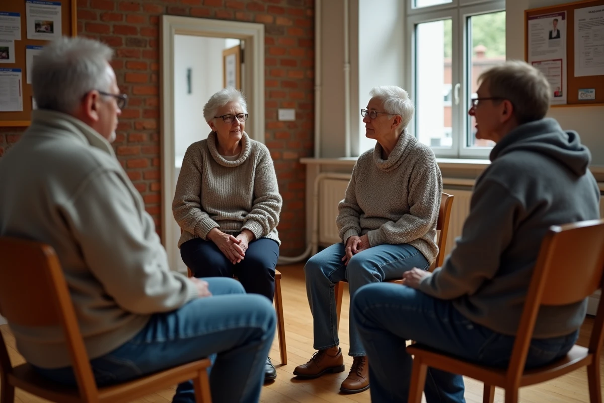 Petite assemblée de citoyens adultes en cercle dans une salle communautaire, symbolisant la prise de parole au sein d'un groupe associatif