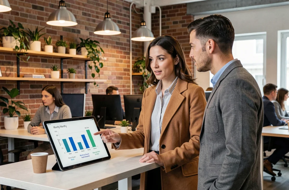 Deux collègues en espace de coworking discutant des heures de travail mensuelles et des primes sur tablette numérique