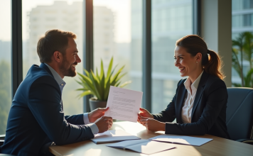 Quitter un emploi : Peut-on partir avant la fin du préavis ? Personne remettant une lettre de démission à un manager dans un bureau lumineux