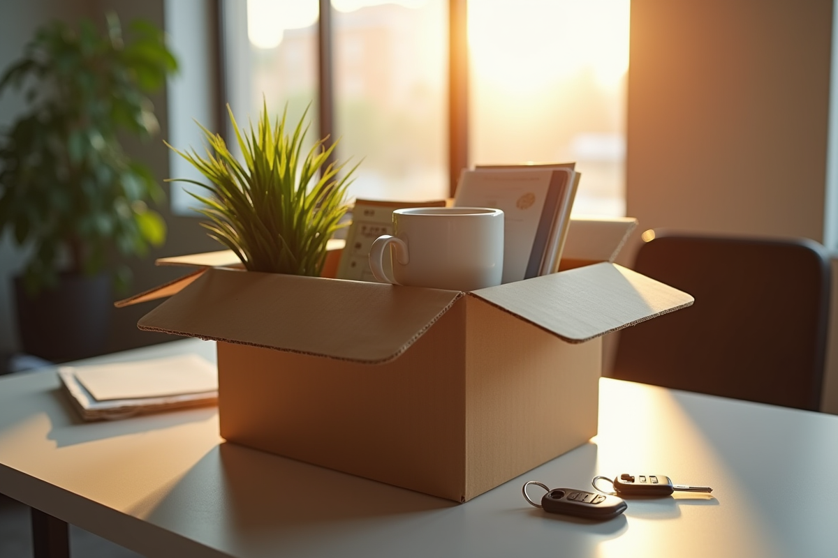 Carton avec plantes et clés de voiture sur un bureau ensoleillé