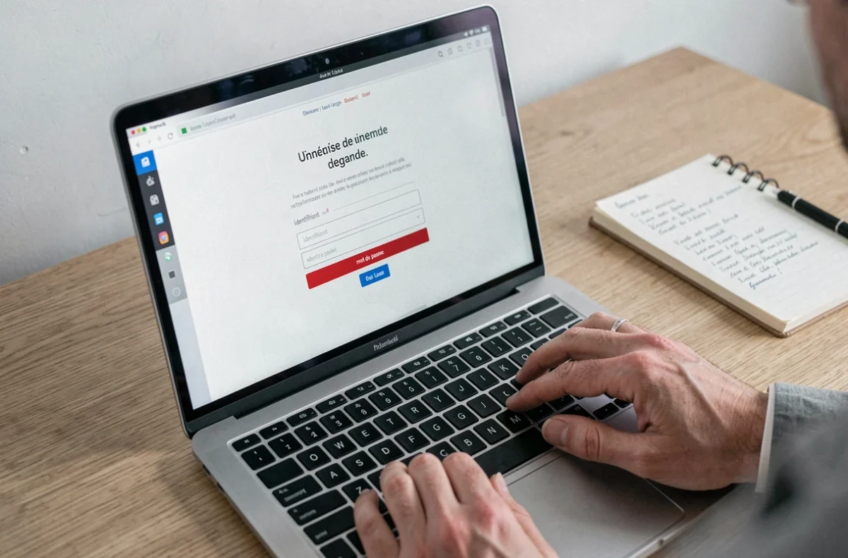 Gros plan sur un écran de connexion extranet affichant un message d'erreur d'identifiants non reconnus avec des mains sur le clavier