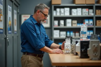 Employe d'électricité montrant des disjoncteurs au comptoir
