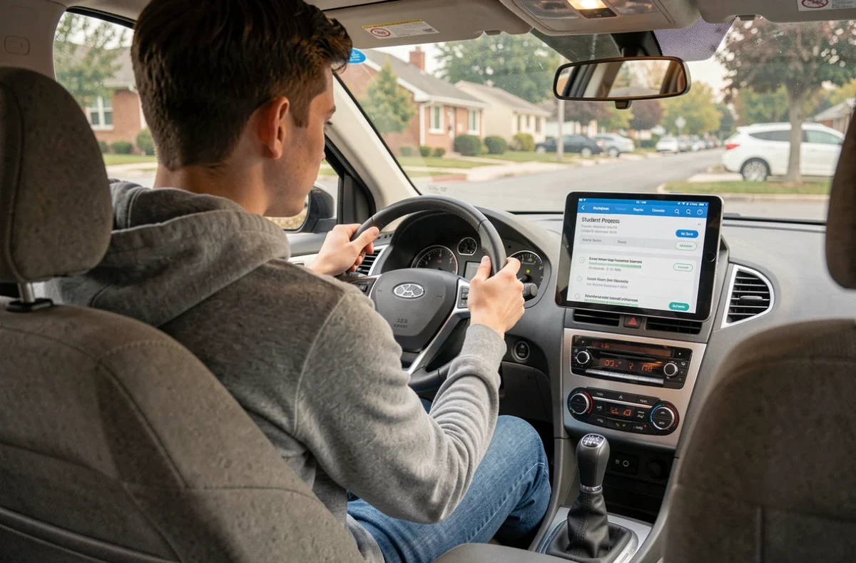 Élève conducteur consultant son suivi de formation sur tablette dans une voiture d'auto-école