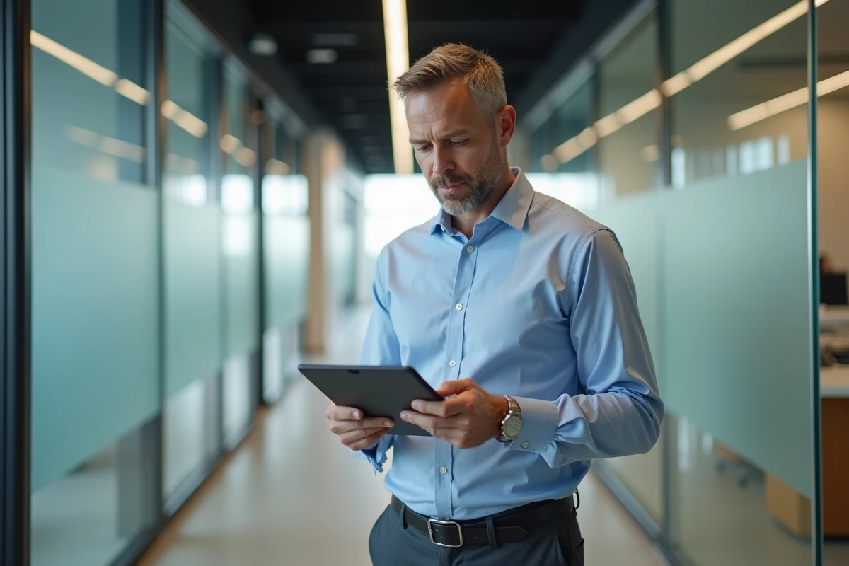 Employé GMF consultant les avantages salariés du comité d'entreprise sur une tablette