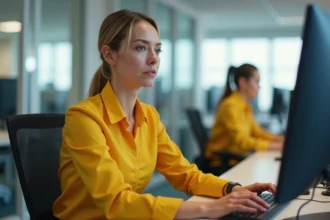 Employée La Poste en uniforme jaune se connectant à l'extranet GTm sur un ordinateur de bureau dans un bureau postal moderne