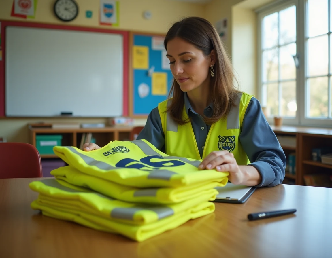 Enseignante d'école primaire préparant des gilets fluo personnalisés avec logo scolaire pour une sortie éducative en classe