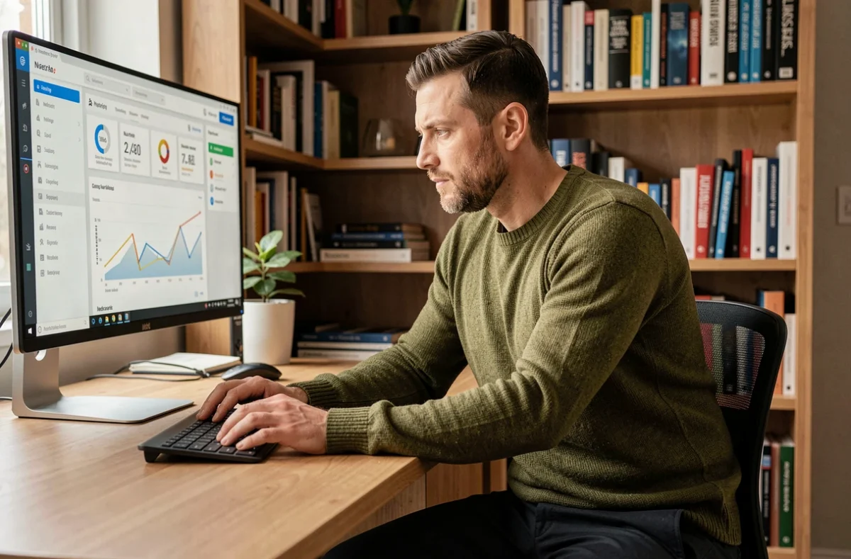 Entrepreneur concentré devant un tableau de bord de startup sur grand écran dans un bureau à domicile bien aménagé