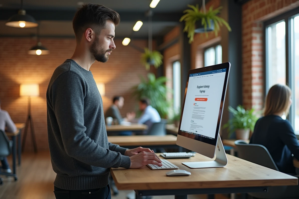 Entrepreneur masculin effectuant des démarches d'entreprise sécurisées en ligne dans un espace de coworking moderne
