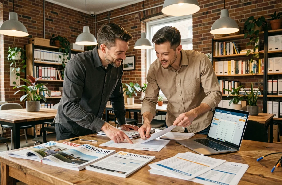 Deux entrepreneurs discutant de stratégie de prospection B2B autour de magazines professionnels et d'un CRM en agence