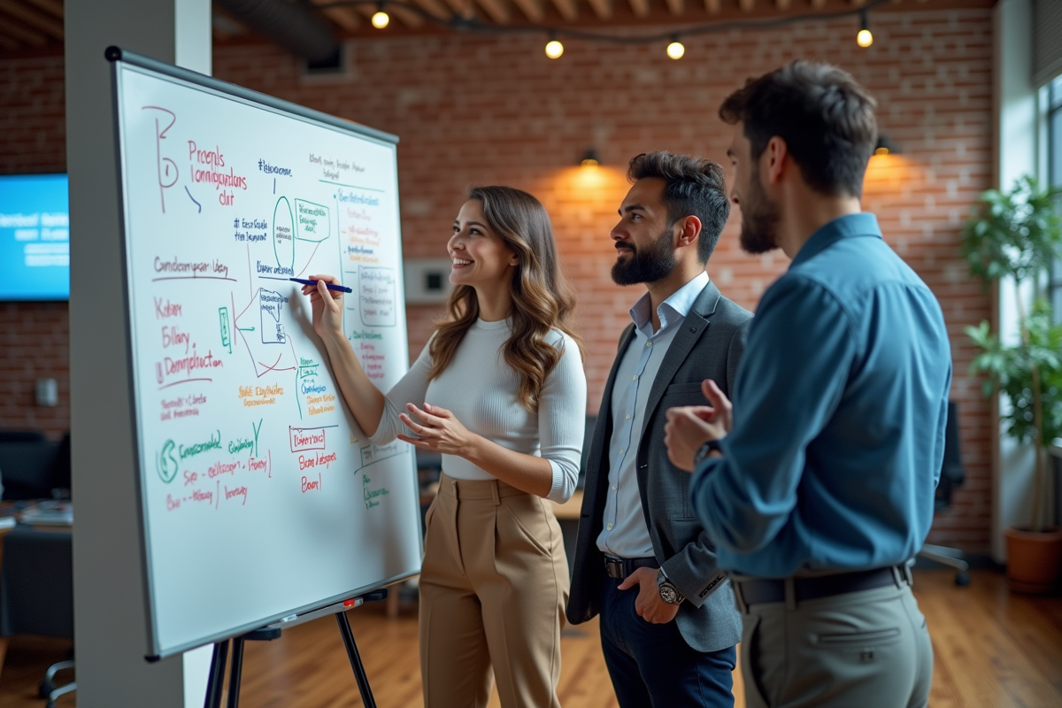 Groupe de jeunes professionnels en brainstorming dans un loft