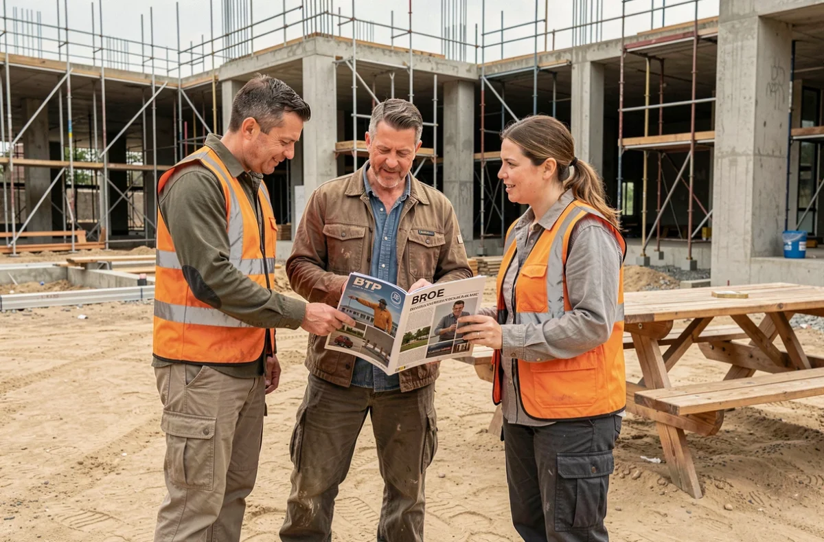 Équipe de professionnels BTP consultant un magazine professionnel sur un chantier en extérieur