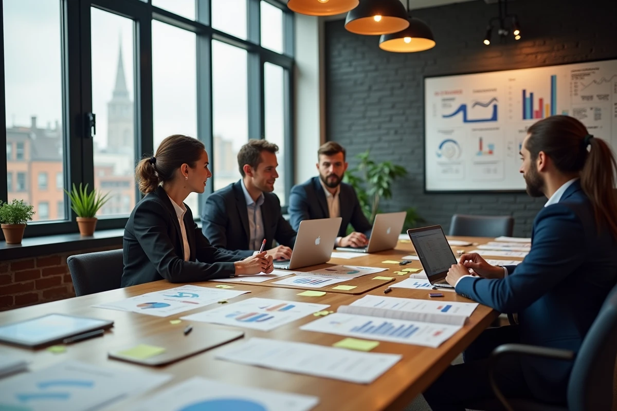 Équipe de professionnels du marketing digital collaborant autour d'une table de réunion avec des rapports de données et des stratégies digitales