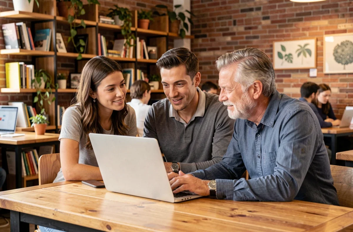 Équipe collaborative évaluant ensemble une solution logicielle sur ordinateur portable dans un espace de coworking moderne